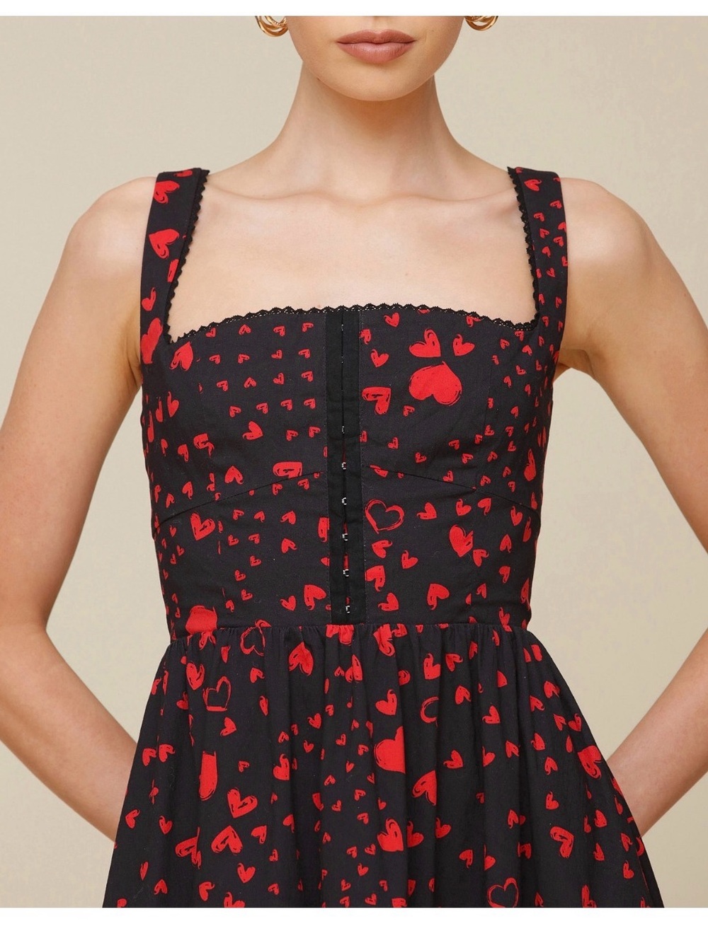 Black and Red Heart Print Square-Neck Midi Dress - Picture 3 of 11